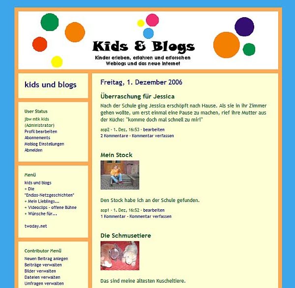 Projekt ""Kids und Blogs" - Kinder und Jugendliche erleben, erfahren und erforschen Webblogs und das neue Internet sowie girls_log". Screenshot der Startseite des Blogs.