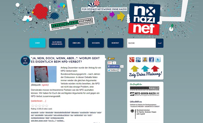 Projekt "no-nazi.net - Für soziale Netzwerke ohne Nazis". Screenshot der Webseite.