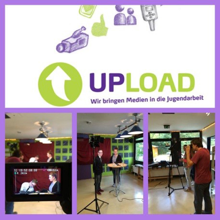 Projekt "UPLOAD - Wir bringen Medien in die Jugendarbeit". Collage aus Fotos und dem Logo des Projekts.