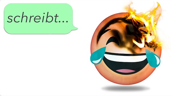 Illustration eines Tränen lachenden Emojis, der in Flammen steht. Über ihm in einer Sprechblase,- steht "scheibt...".