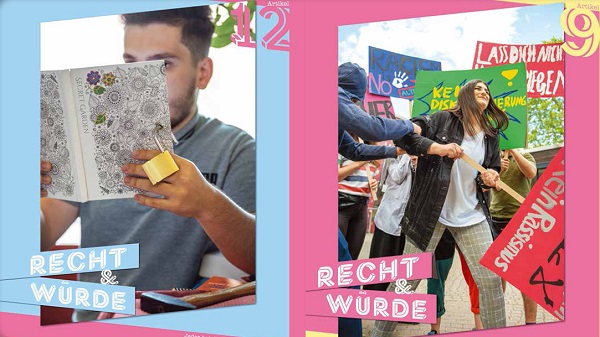 Foto des Projekts "Recht und Würde". Collage aus zwei Bildern. Das eine zeigt einen jungen Mann, der ein Heft mit einem Schloss vor sein Gesicht hält. Das andere zeigt eine junge Frau während einer Demonstration.