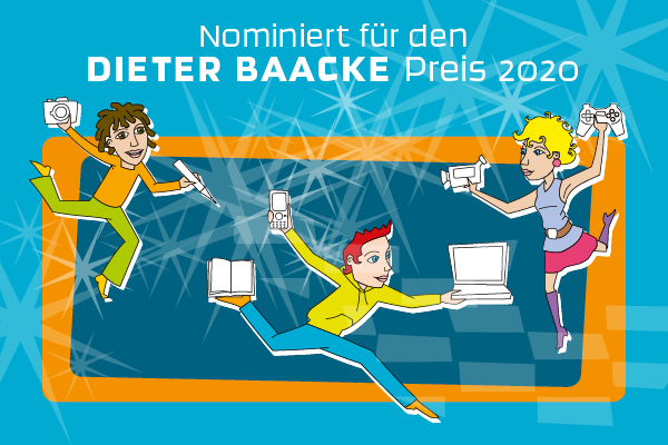 Nominiert für den Dieter Baacke Preis 2020, Illustration von fröhlichen jungen Menschen, die verschiedene Medien und Endgeräte in den Händen halten