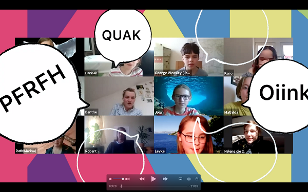 Screenshot eines Youtube-Videos des Projekts "Kinderstadt - Halle an Saale". Zoom-Call mit zwölf Teilnehmenden. Das Bild wurde durch Sprechblasen ergänzt, in welchen die Lautäußerungen "Pfrfh", "Quak" und "Oiink" stehen.