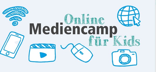 Online Mediencamp für Kids, Illustration von verschiedenen Medien.