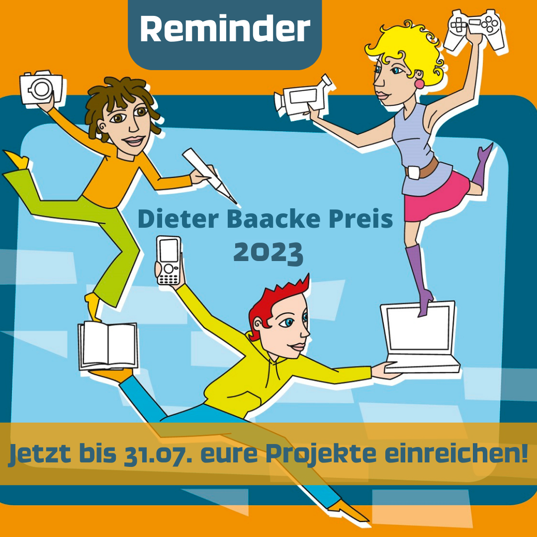 Dieter-Baacke-Preis-Logo: drei Figuren jonglieren mit Medien; Reminder: Jetzt bis 31.07. einreichen!
