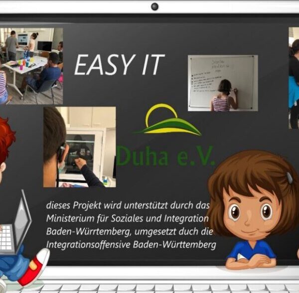 Bildschirm eines Computers mit drei gezeichneten Figuren und Fotos aus dem Projekt "Easy it".