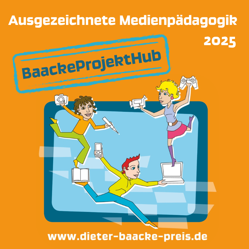 Drei Figuren, die mit verschiedenen Medien hantieren